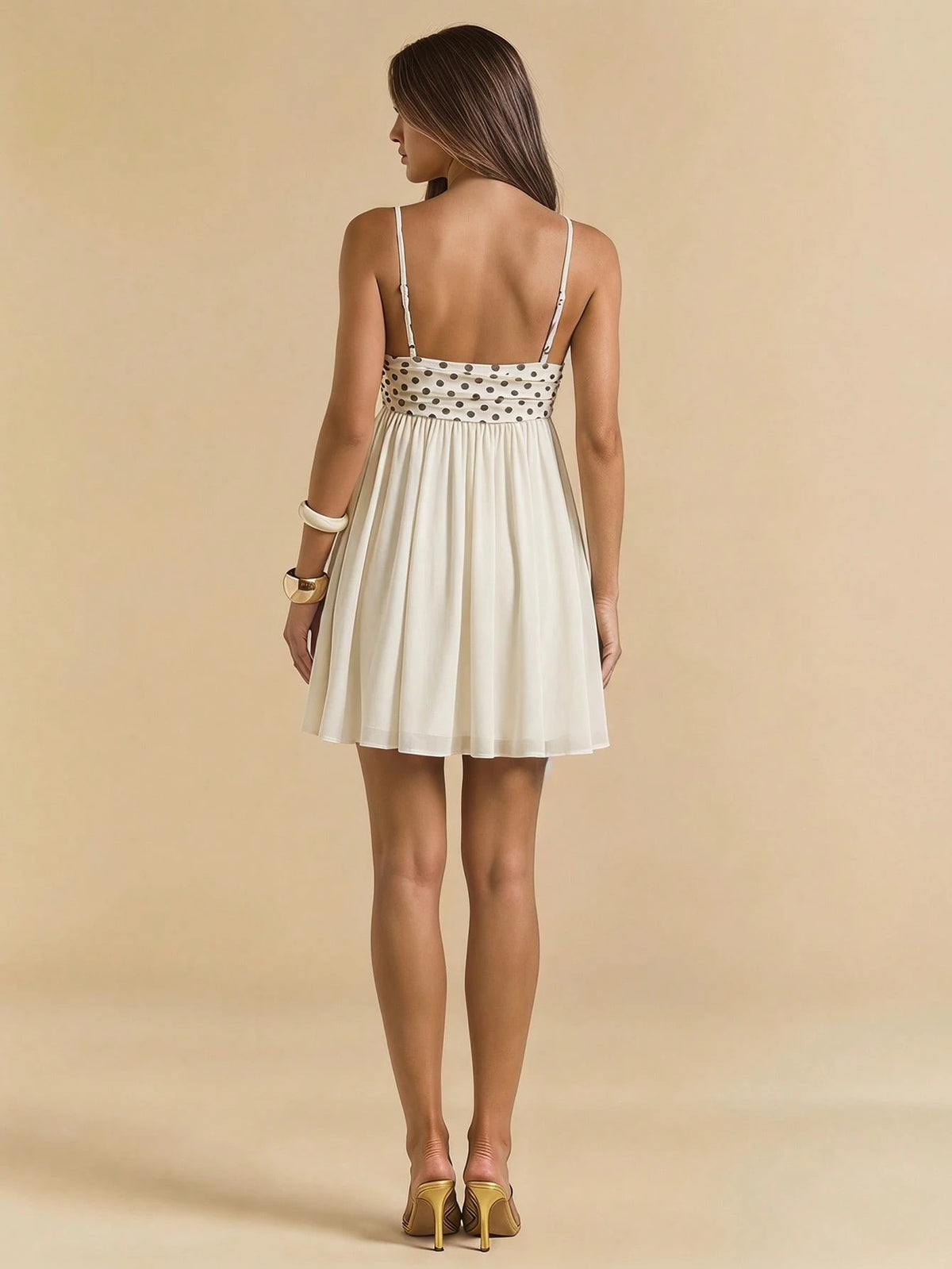 BAE Spring/Summer White Polka Dot Spaghetti Strap Dress, Heart Neckline Waist Cinched Flared Skirt, Gentle Sweet Date Dress,Dresses For Women Summer