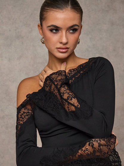 BAE Women's Black Elegant Asymmetric Neck Lace Splice Flared Sleeve Fitted T-Shirt,Autumn Night Out Clothes For Dates,Holiday Parties,Valentine's Day
