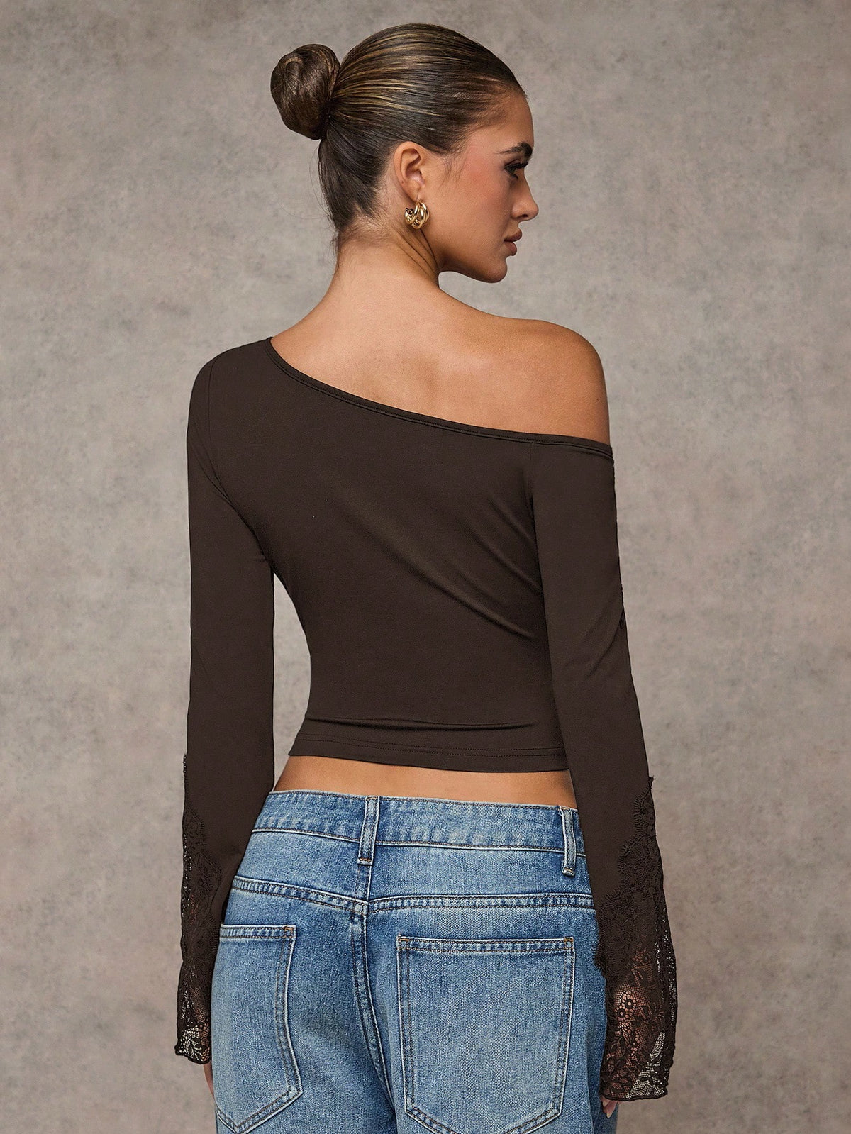 BAE Women's Black Elegant Asymmetric Neck Lace Splice Flared Sleeve Fitted T-Shirt,Autumn Night Out Clothes For Dates,Holiday Parties,Valentine's Day