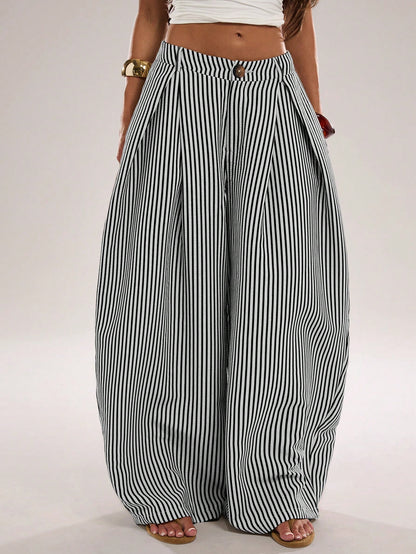 BAE Women's Casual Black And White Checkered Textured Striped Loose Fit Long Pants, Suitable For Commute, Outing, Daily Wear, Practical Beach Summer