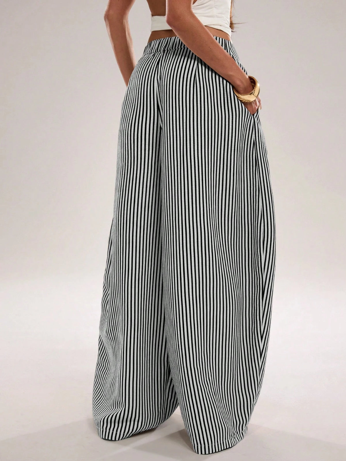 BAE Women's Casual Black And White Checkered Textured Striped Loose Fit Long Pants, Suitable For Commute, Outing, Daily Wear, Practical Beach Summer