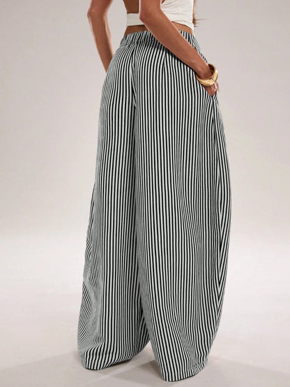 BAE Women's Casual Black And White Checkered Textured Striped Loose Fit Long Pants, Suitable For Commute, Outing, Daily Wear, Practical Beach Summer