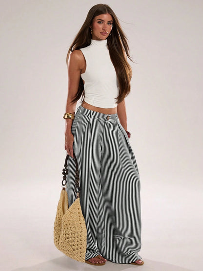 BAE Women's Casual Black And White Checkered Textured Striped Loose Fit Long Pants, Suitable For Commute, Outing, Daily Wear, Practical Beach Summer
