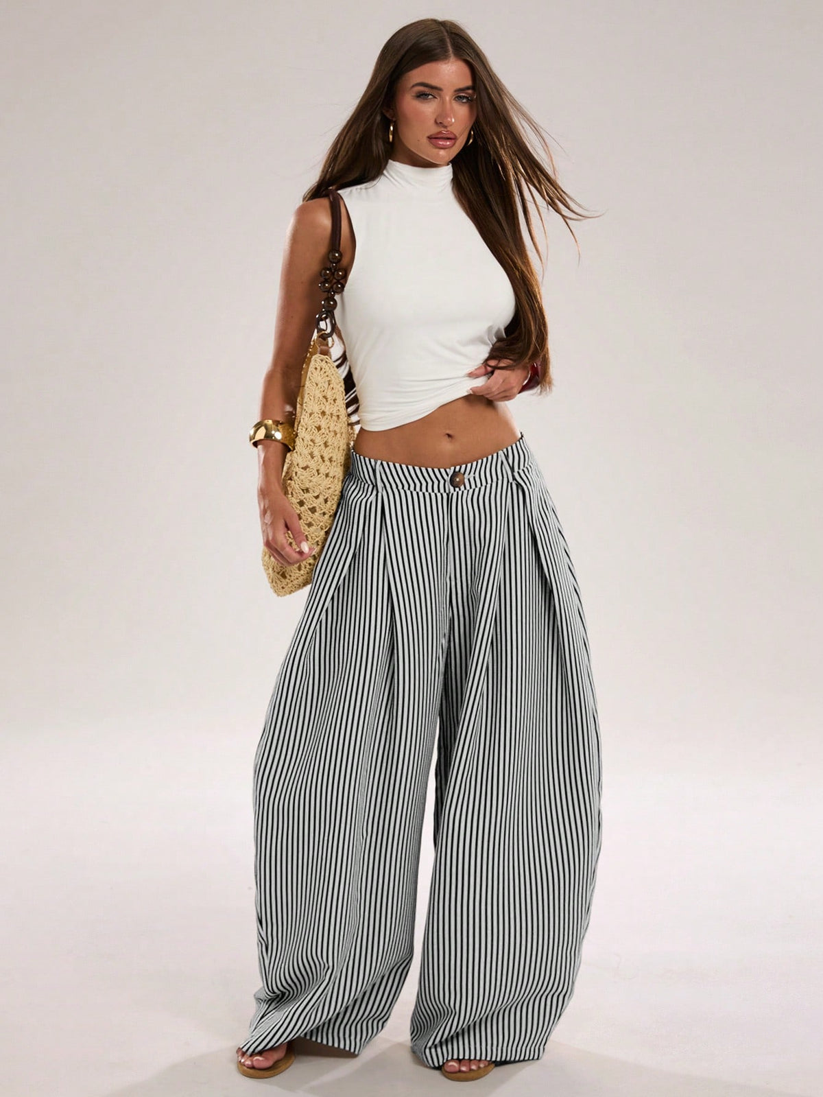 BAE Women's Casual Black And White Checkered Textured Striped Loose Fit Long Pants, Suitable For Commute, Outing, Daily Wear, Practical Beach Summer