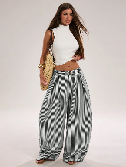 BAE Women's Casual Black And White Checkered Textured Striped Loose Fit Long Pants, Suitable For Commute, Outing, Daily Wear, Practical Beach Summer