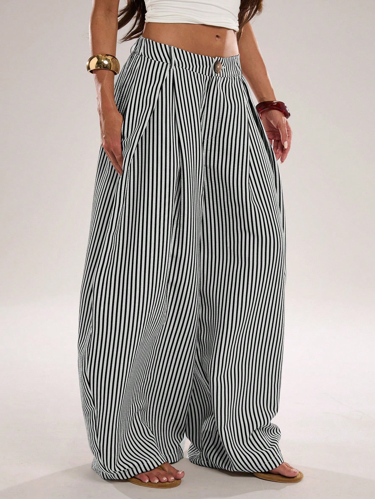 BAE Women's Casual Black And White Checkered Textured Striped Loose Fit Long Pants, Suitable For Commute, Outing, Daily Wear, Practical Beach Summer