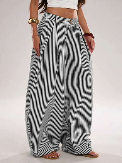 BAE Women's Casual Black And White Checkered Textured Striped Loose Fit Long Pants, Suitable For Commute, Outing, Daily Wear, Practical Beach Summer