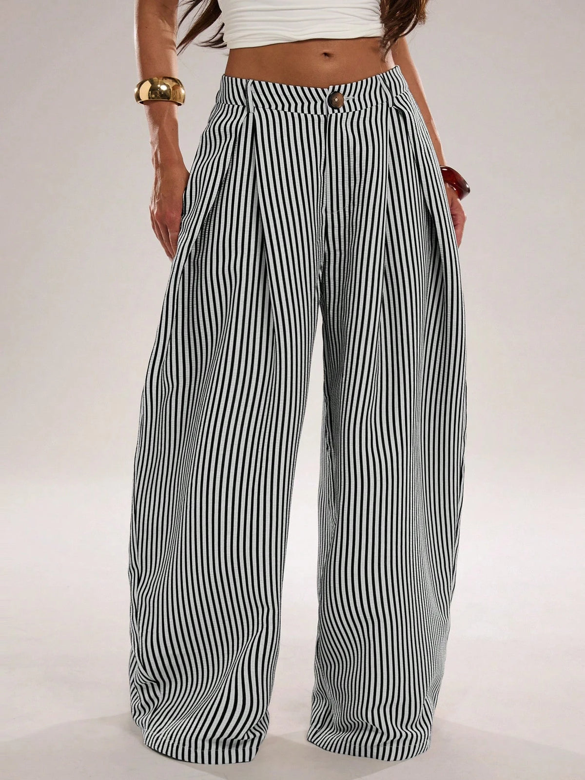 BAE Women's Casual Black And White Checkered Textured Striped Loose Fit Long Pants, Suitable For Commute, Outing, Daily Wear, Practical Beach Summer