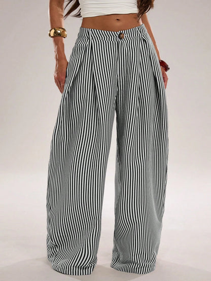 BAE Women's Casual Black And White Checkered Textured Striped Loose Fit Long Pants, Suitable For Commute, Outing, Daily Wear, Practical Beach Summer