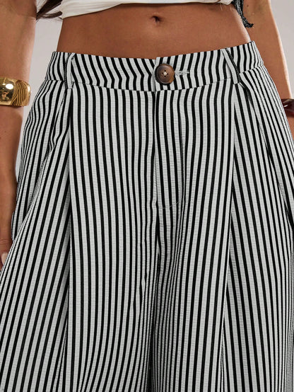 BAE Women's Casual Black And White Checkered Textured Striped Loose Fit Long Pants, Suitable For Commute, Outing, Daily Wear, Practical Beach Summer