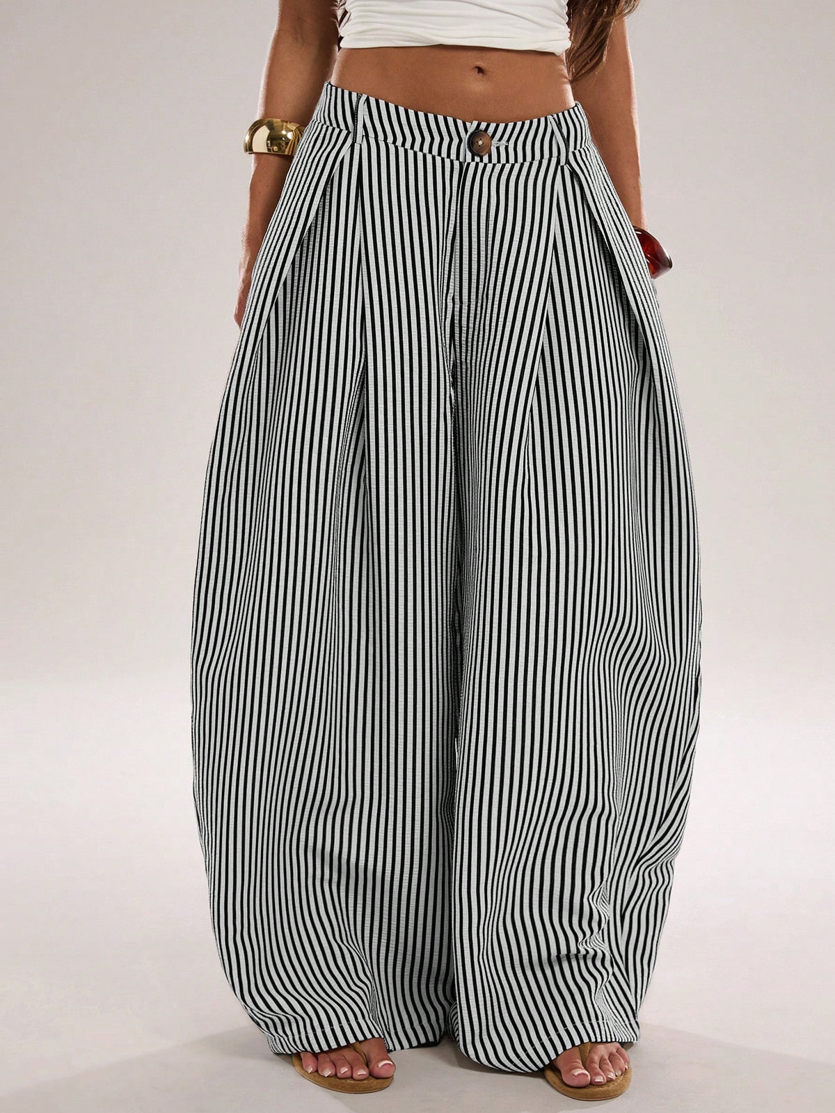 BAE Women's Casual Black And White Checkered Textured Striped Loose Fit Long Pants, Suitable For Commute, Outing, Daily Wear, Practical Beach Summer