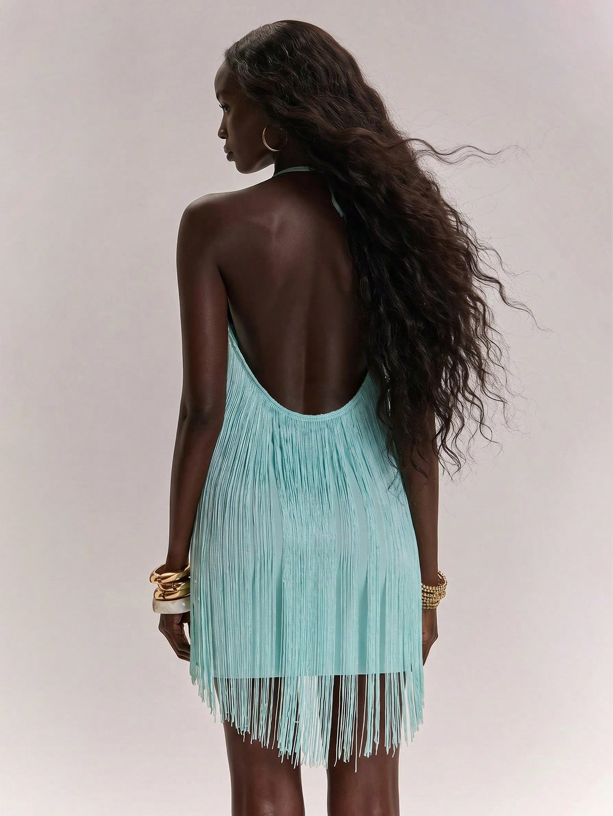 BAE Women's Casual Vacation Spaghetti Strap Backless V-Neck Tassel Bodycon Dress, Suitable For Beach Sisters Leisure Bohemian Mint Green