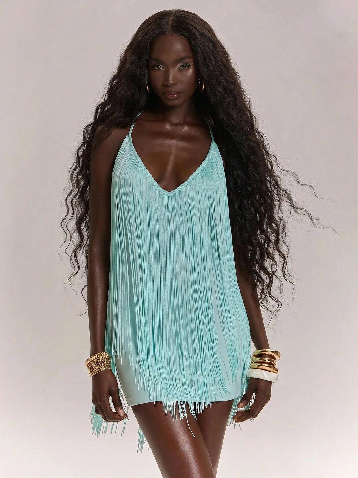 BAE Women's Casual Vacation Spaghetti Strap Backless V-Neck Tassel Bodycon Dress, Suitable For Beach Sisters Leisure Bohemian Mint Green