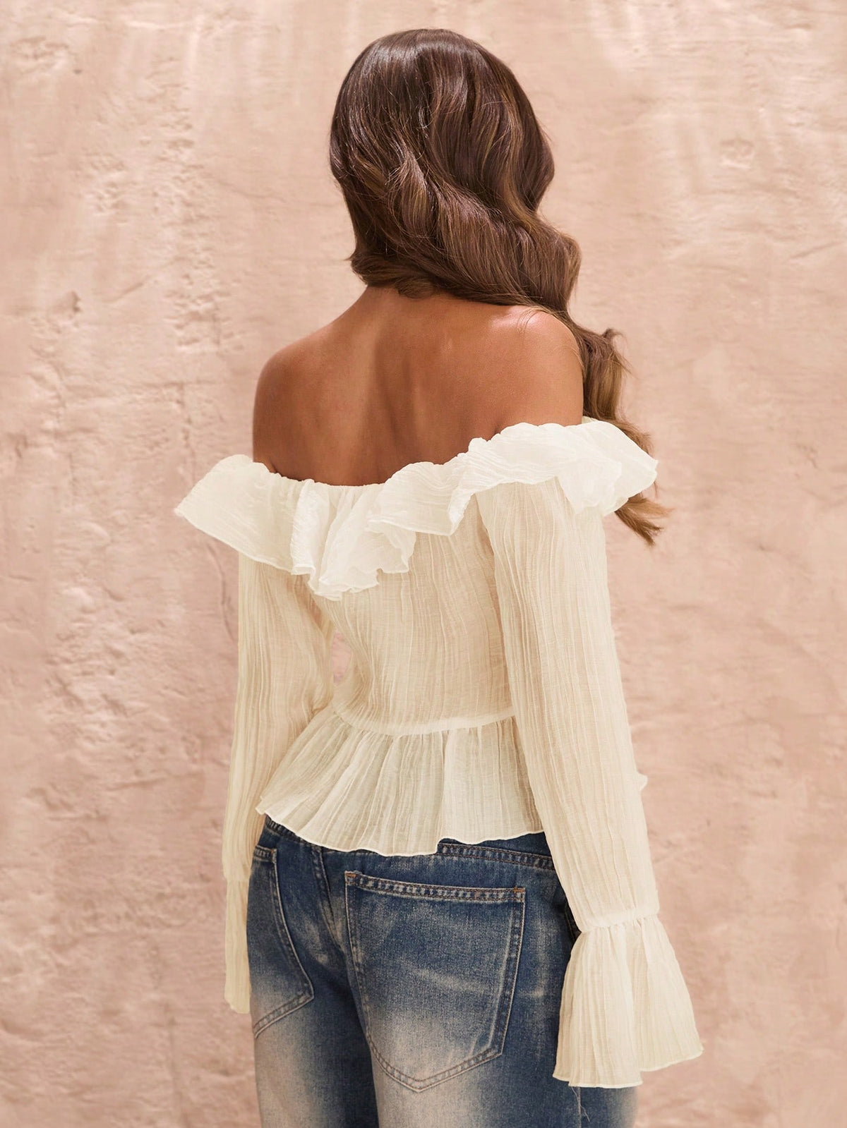 BAE Women's Cream White Elegant Off Shoulder Ruffled Long Sleeve Blouse,Summer Asymmetrical Tie Hem Princess Style Top,Holiday,Vacation,Holiday,Valentine