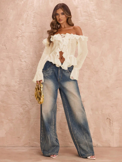 BAE Women's Cream White Elegant Off Shoulder Ruffled Long Sleeve Blouse,Summer Asymmetrical Tie Hem Princess Style Top,Holiday,Vacation,Holiday,Valentine