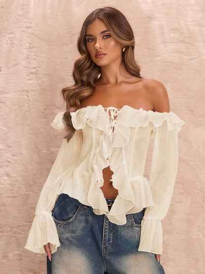 BAE Women's Cream White Elegant Off Shoulder Ruffled Long Sleeve Blouse,Summer Asymmetrical Tie Hem Princess Style Top,Holiday,Vacation,Holiday,Valentine