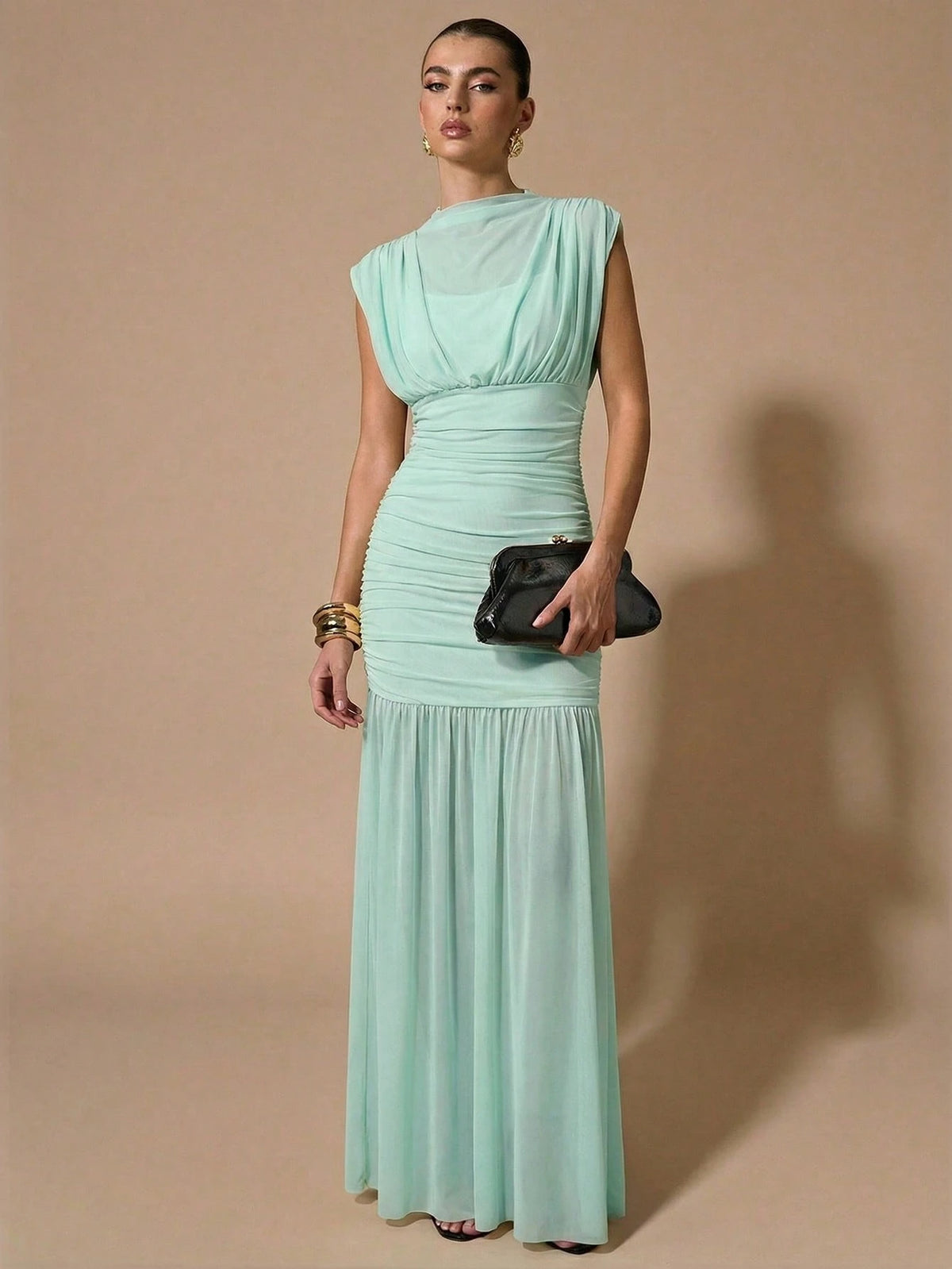 BAE Women's Elegant Summer Mint Green Sheer Ruched Dress,Wrap Shawl Party Birthday Bridesmaid Dress,Formal Tea Party Gathering Valentine's Day Dress