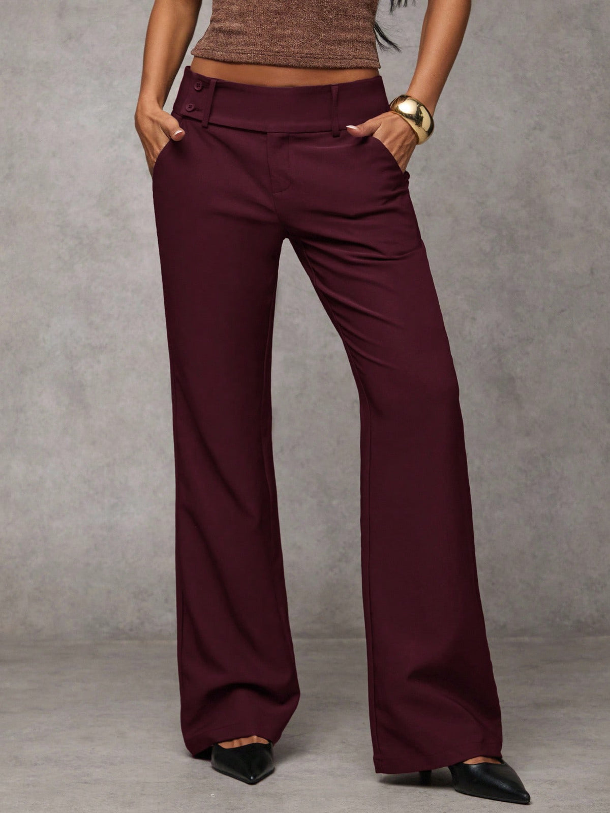 BAE Women's Solid Color Waist Button Design Pocket Casual Pants