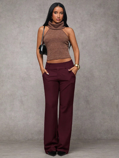 BAE Women's Solid Color Waist Button Design Pocket Casual Pants