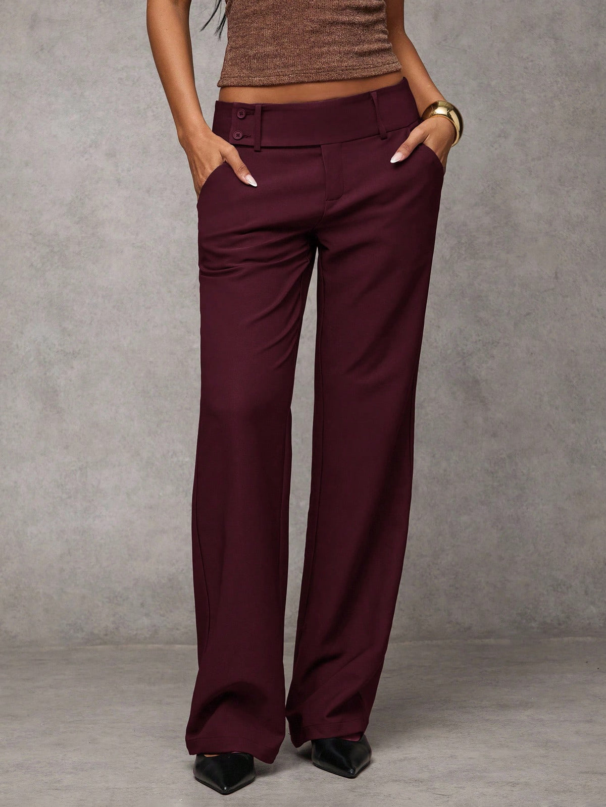 BAE Women's Solid Color Waist Button Design Pocket Casual Pants