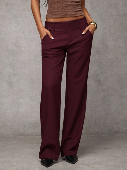 BAE Women's Solid Color Waist Button Design Pocket Casual Pants
