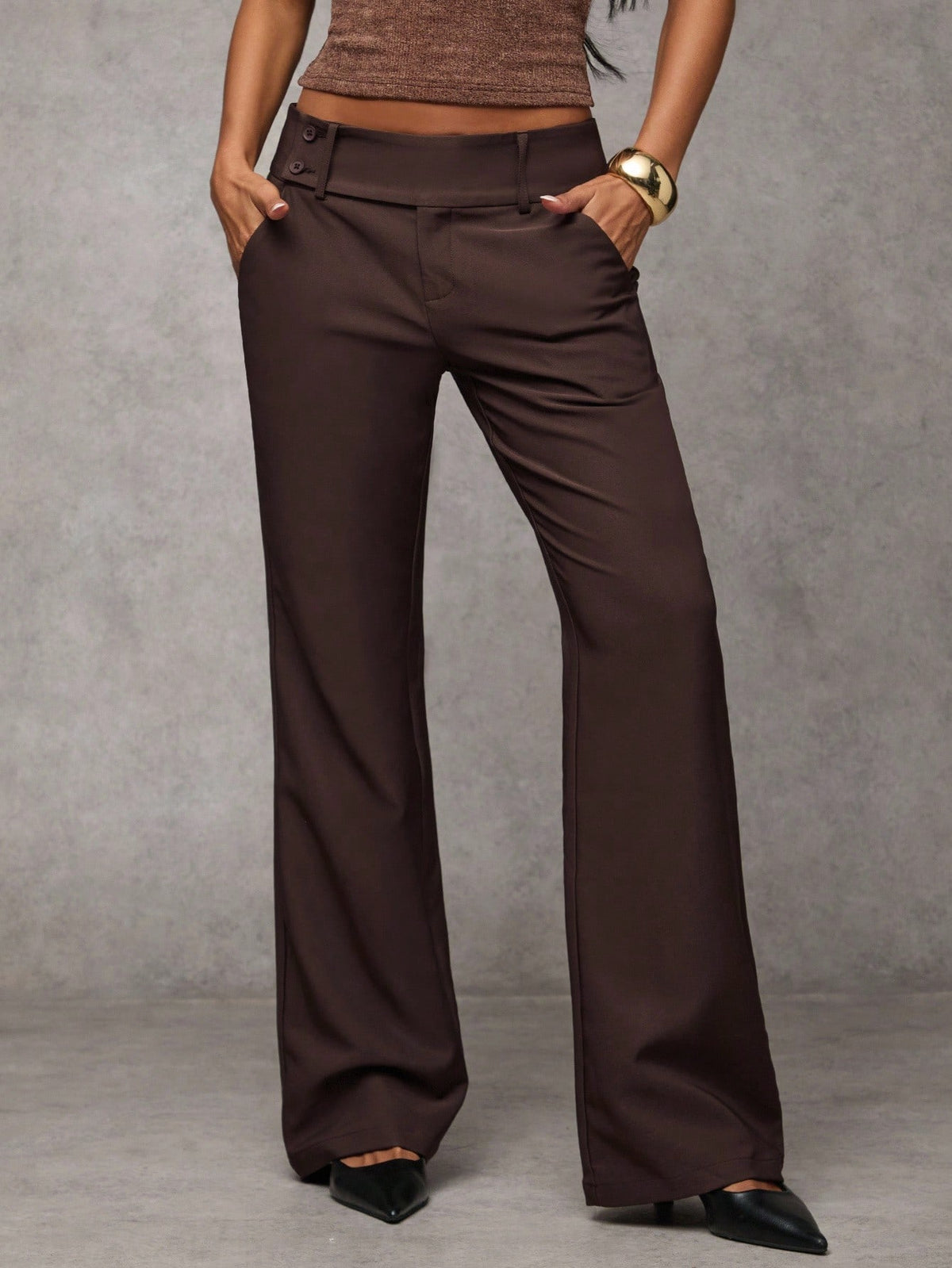 BAE Women's Solid Color Waist Button Design Pocket Casual Pants