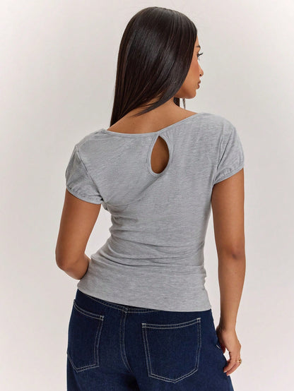 BAE Women's Summer Casual Beach Vacation Daily Retro Grey Short-Sleeved T-Shirt With A Slouch Collar, Sexy Hot Girl, Comfortable And Casual, Versatile And Casual, Comfortable Commuting, Campus