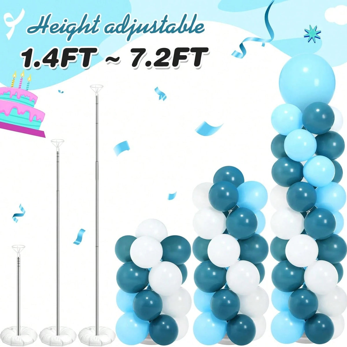 Balloon Column Stand Set Of 2, Adjustable 7 Feet Balloon Arch Stands With Bases For Floor, Tall Balloon Tower Pillar Assembly Kit For Halloween, Birthday, Party Decorations