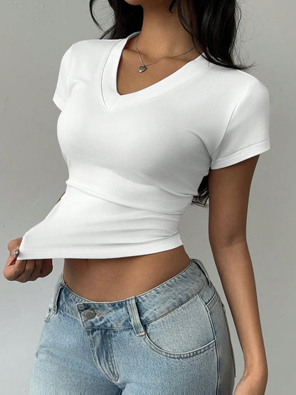 BASICS Casual Solid Color V-Neck Short Sleeve Fitted Women T-Shirt Tops For Women White Tops