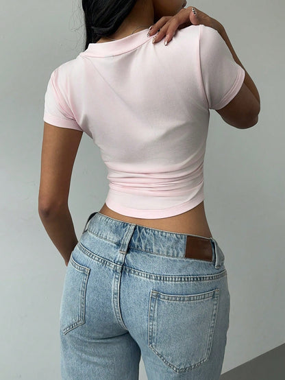 BASICS Casual Solid Color V-Neck Short Sleeve Fitted Women T-Shirt Tops For Women White Tops