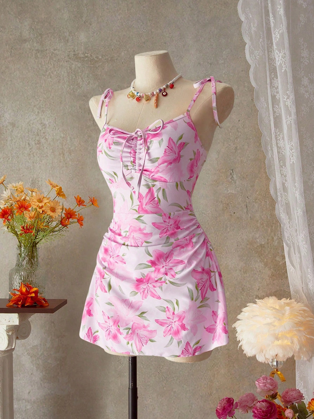 Bellisia Women's Floral Print Tie Shoulder Strap Ruffled Front Drawstring Beach Cute One Piece Swimsuit For Summer Beach Vacation