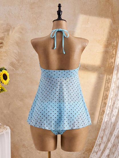 Bellisia Women's Summer Beach Polka Dot Print Halter Tankini Set