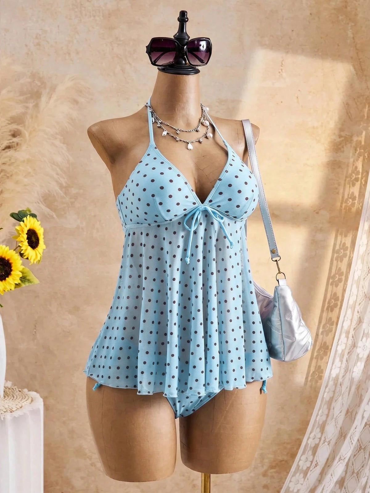 Bellisia Women's Summer Beach Polka Dot Print Halter Tankini Set