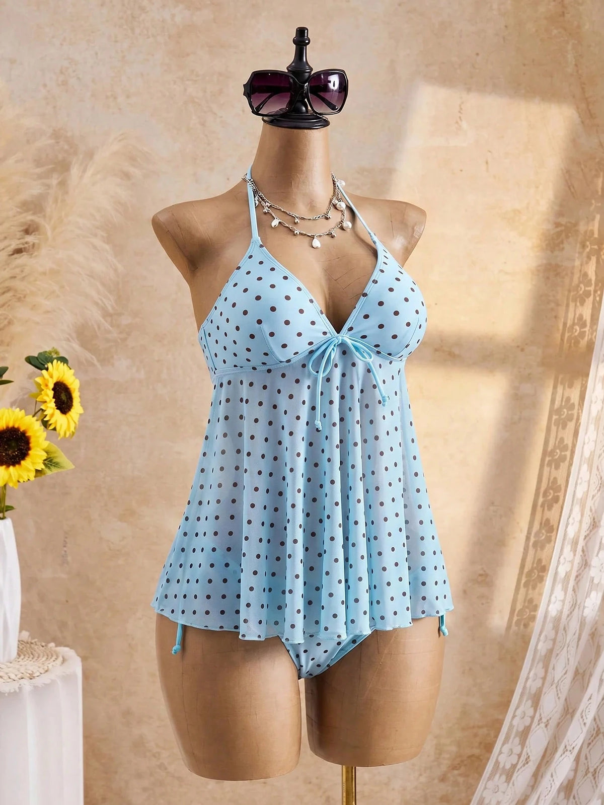 Bellisia Women's Summer Beach Polka Dot Print Halter Tankini Set