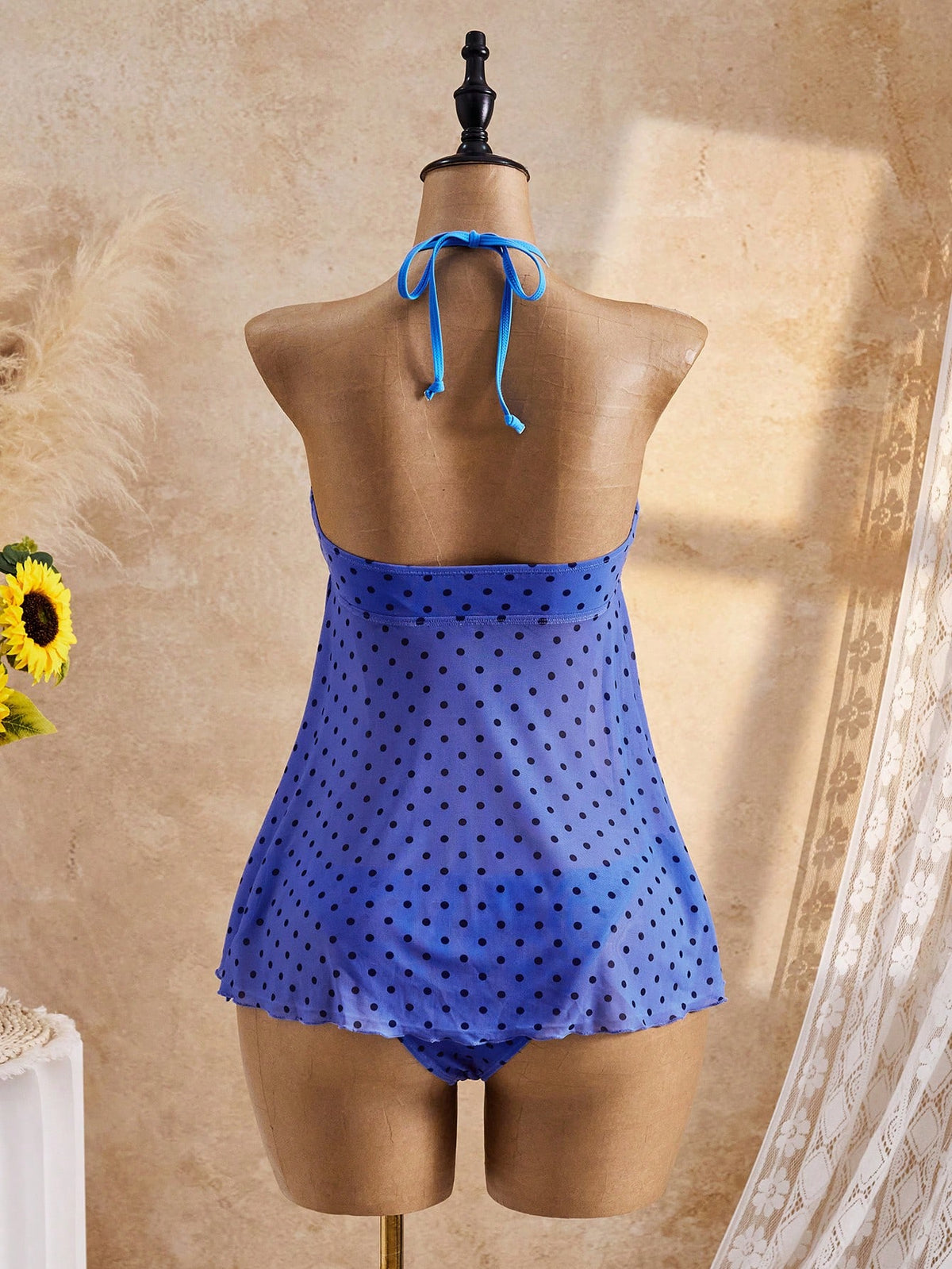 Bellisia Women's Summer Beach Polka Dot Print Halter Tankini Set