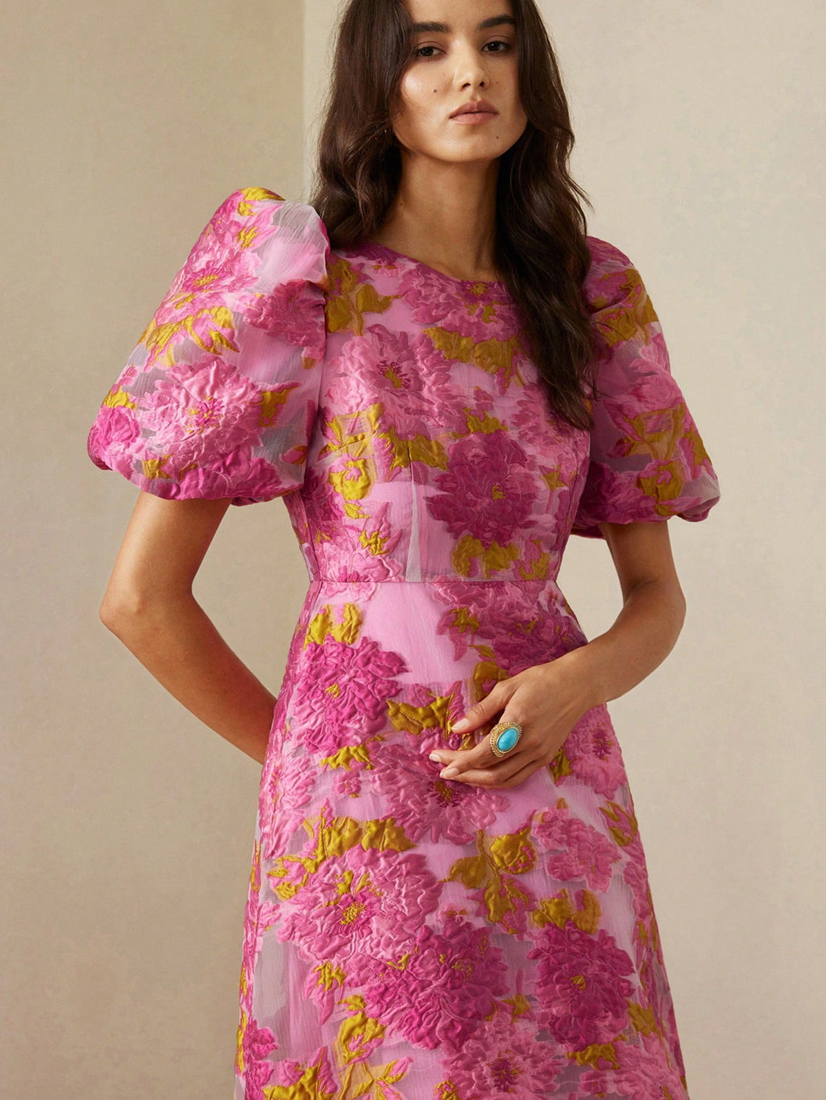 BELROSIE French Romantic Rose 3D Floral V-Neck Puff Sleeve Cinched Waist Dress For Women