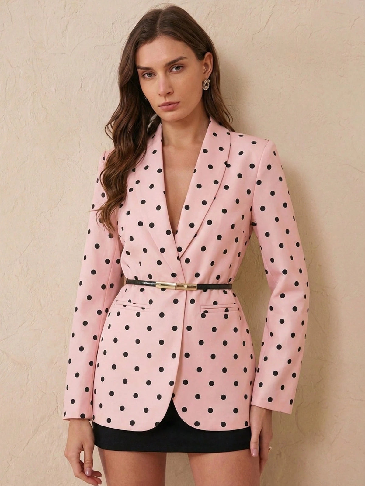 BELROSIE Pink Polka Dot Elegant Office Blazer Jacket,Autumn Retro Pop Art Style Single-Breasted Slim Fit Lapel Outerwear Women,Classic Custom Craftsmanship