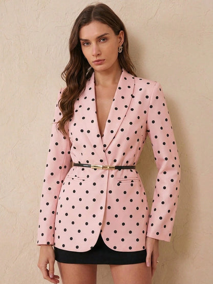 BELROSIE Pink Polka Dot Elegant Office Blazer Jacket,Autumn Retro Pop Art Style Single-Breasted Slim Fit Lapel Outerwear Women,Classic Custom Craftsmanship