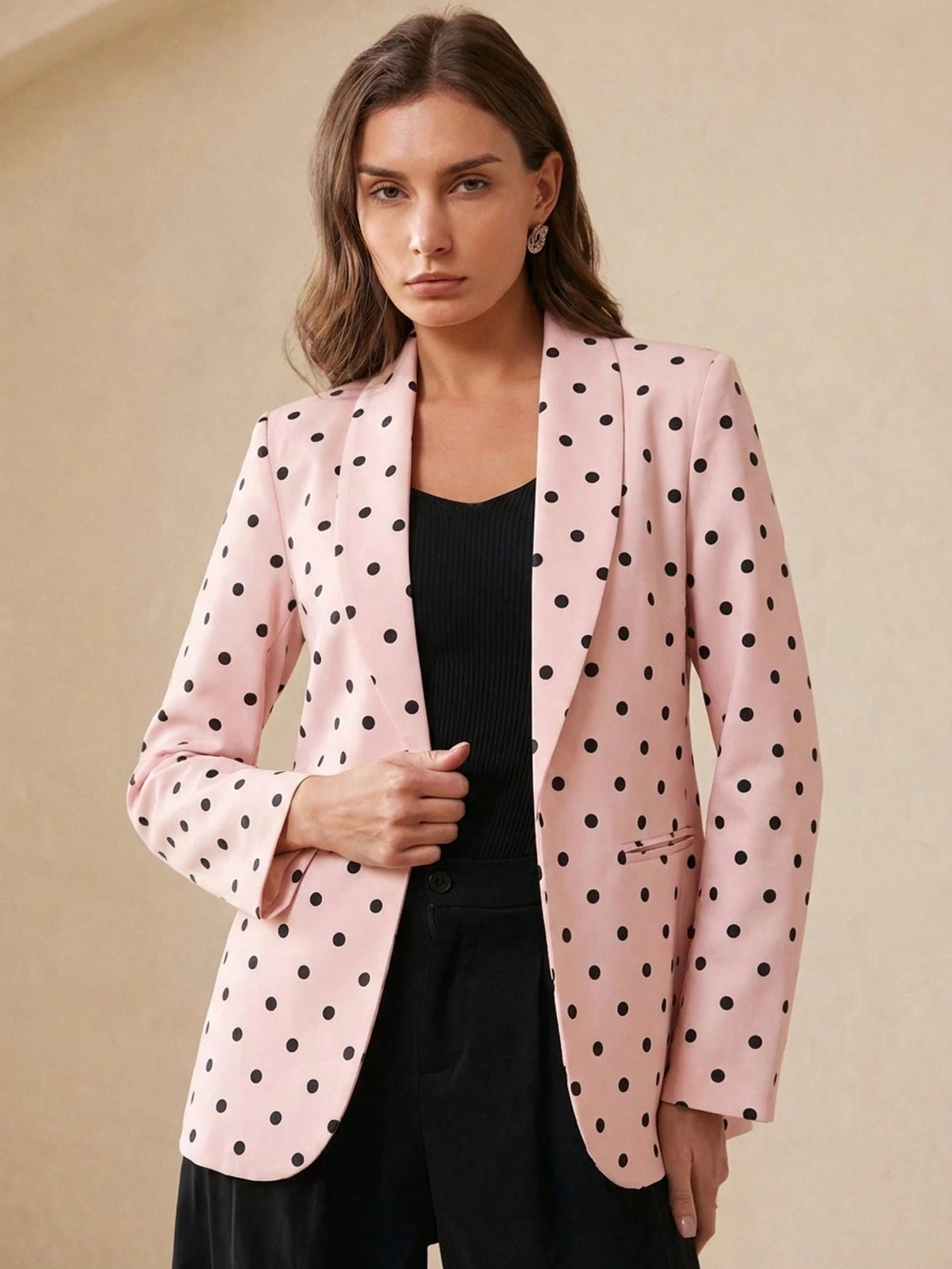 BELROSIE Pink Polka Dot Elegant Office Blazer Jacket,Autumn Retro Pop Art Style Single-Breasted Slim Fit Lapel Outerwear Women,Classic Custom Craftsmanship