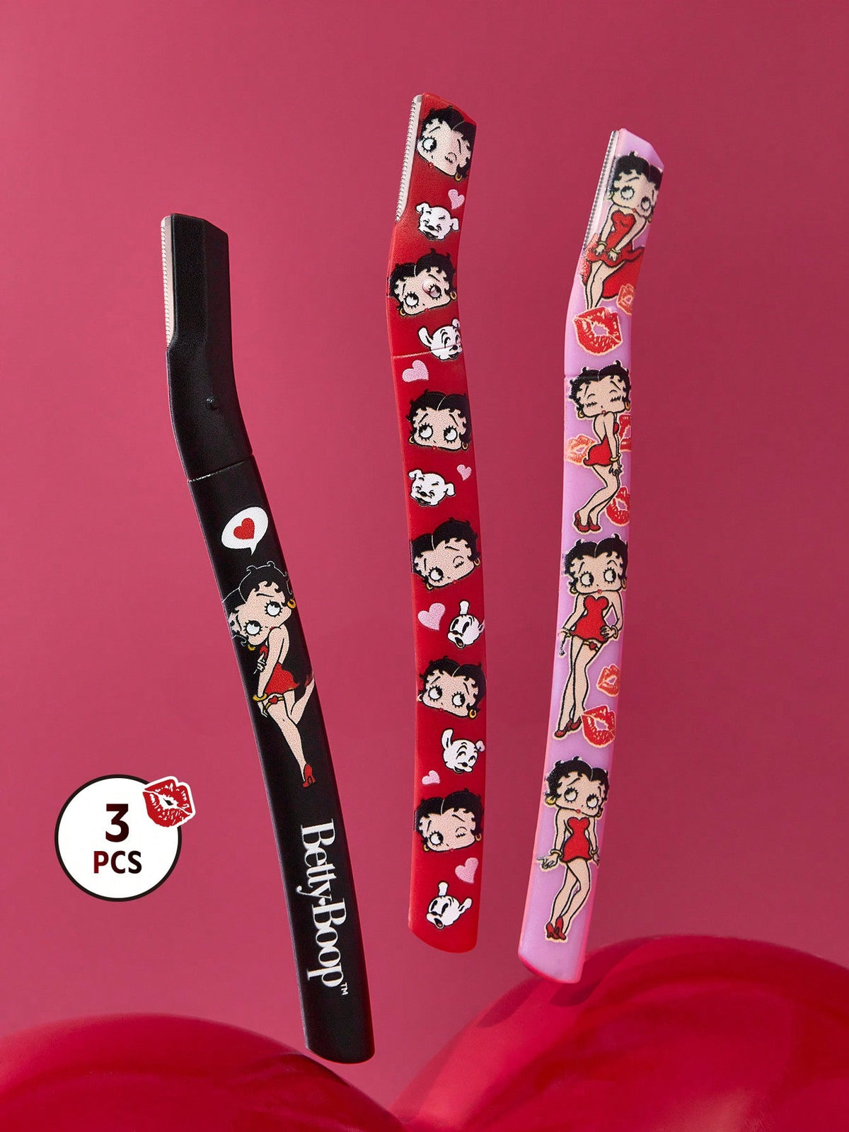 Betty Boop x 3 Pcs Straight Handle Eyebrow Trimmers With Protective Cap,Painless Hair Remover Razors,Durable Trimming Blades Scratchproof Scratch-Resistant Portable Beauty Tool,Crescent Eyebrow