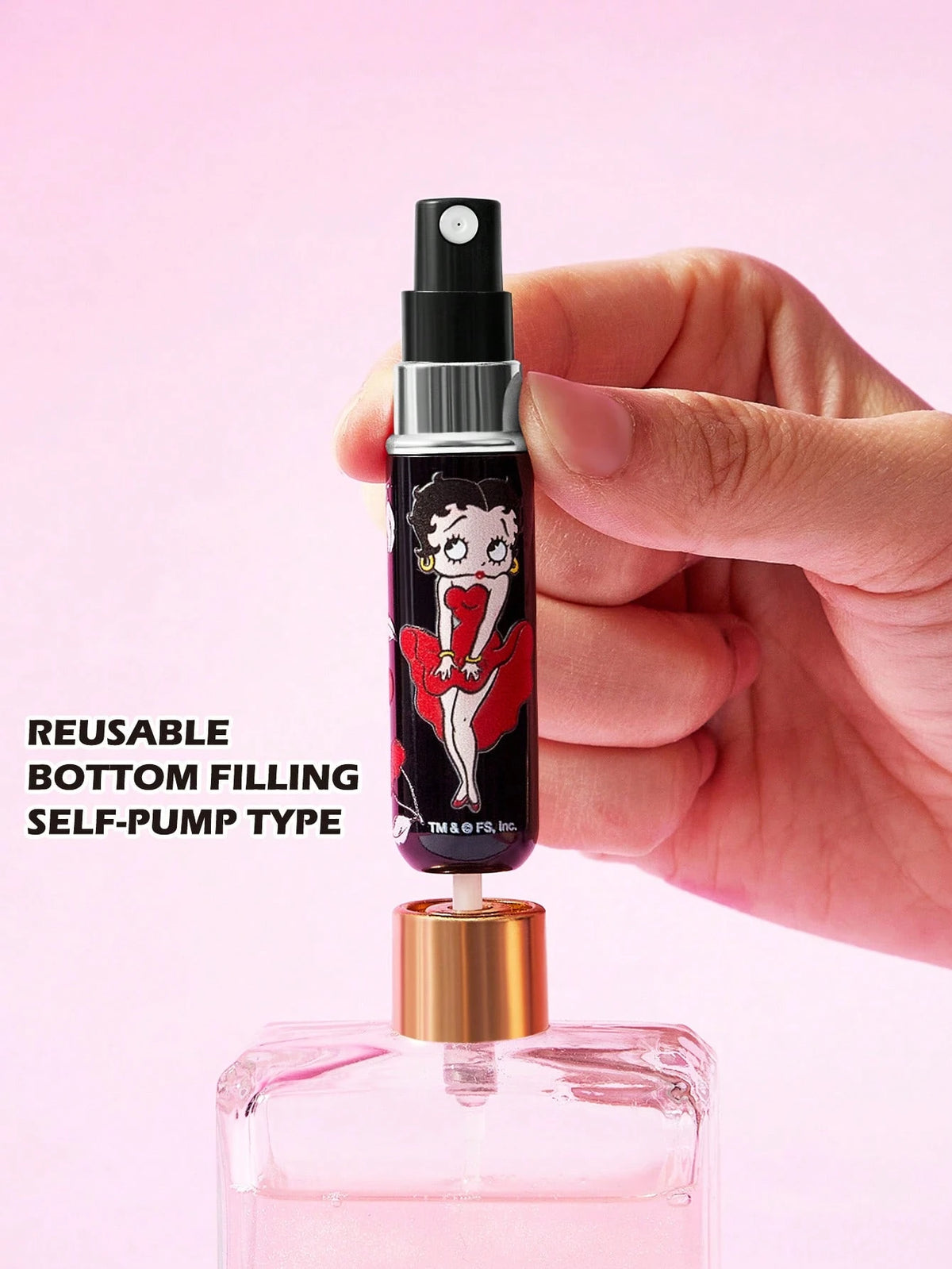 Betty Boop x 5Ml/0.2oz Black Fillable Spray Bottle With Bottom Fill Automatic Pump, Reusable Perfume Bottle, Mini Portable Cosmetic Bottle With Window, Suitable For Travel And Airplane Carry, Su