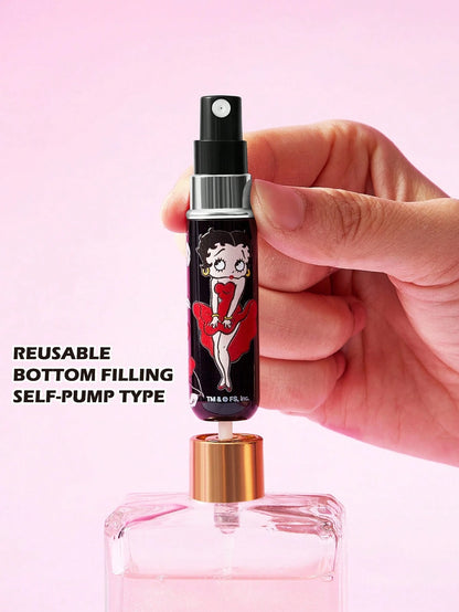 Betty Boop x 5Ml/0.2oz Black Fillable Spray Bottle With Bottom Fill Automatic Pump, Reusable Perfume Bottle, Mini Portable Cosmetic Bottle With Window, Suitable For Travel And Airplane Carry, Su