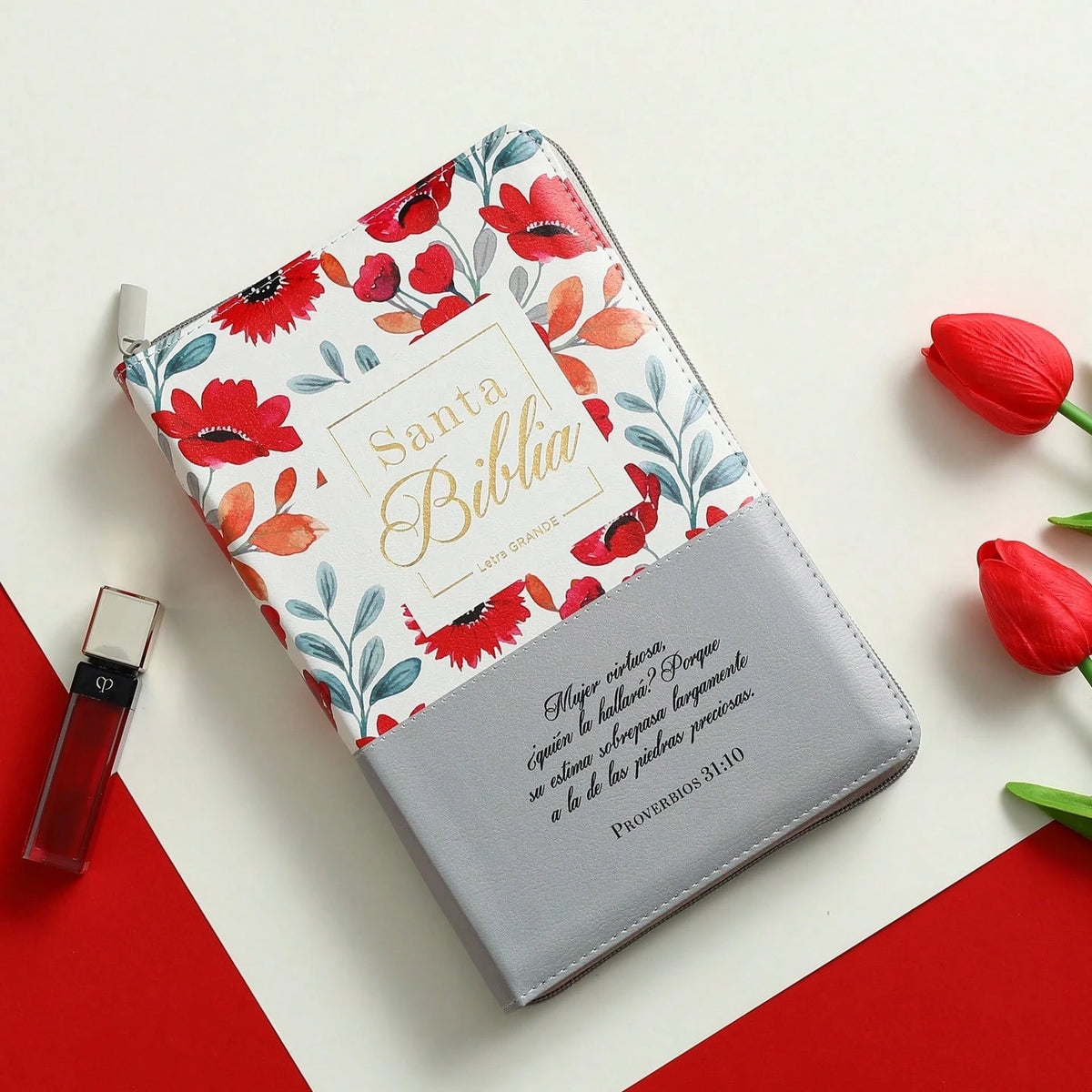 Biblia Con Cierre Letra Grande 12 Puntos RV1960 Imit. Floral Y Gris Con Indice- Mujer Virtuosa