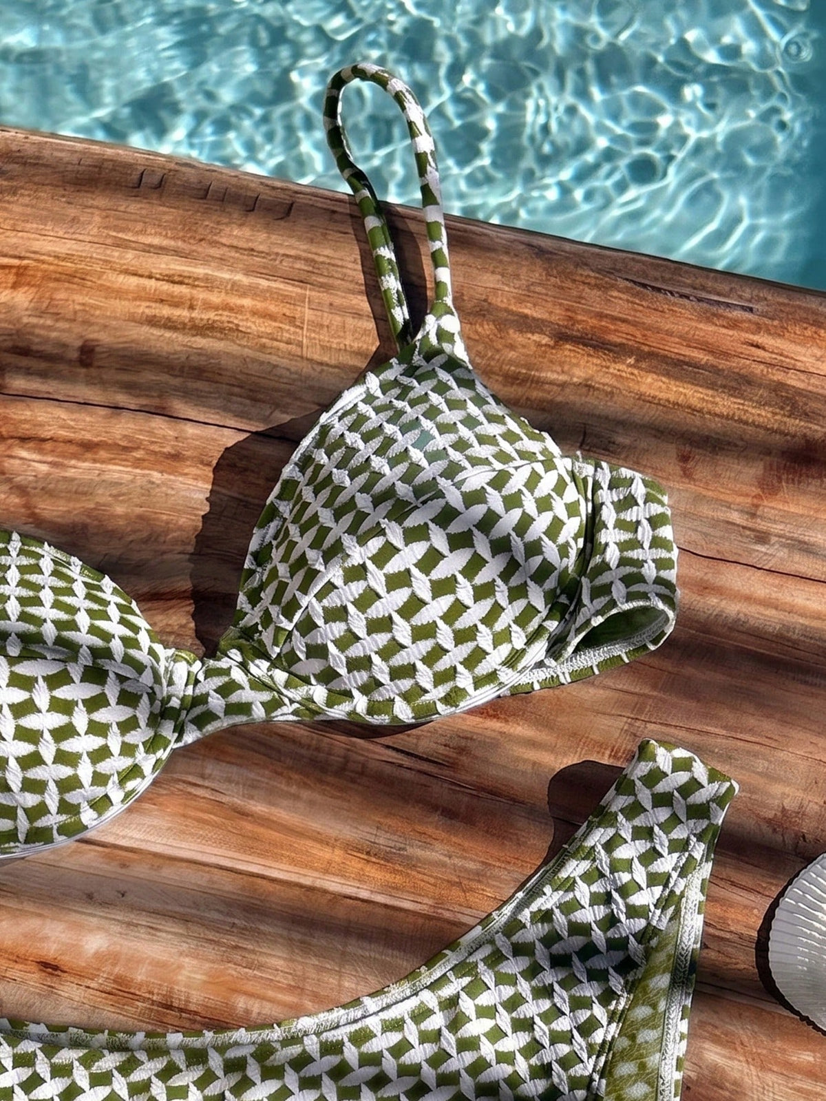 Bikinx Women's Jacquard Textured Fabric Bikini Swimwear, Spaghetti Strap Backless Tie-Up, Suitable For Beach Vacation Summer