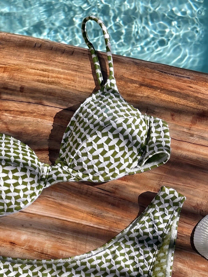 Bikinx Women's Jacquard Textured Fabric Bikini Swimwear, Spaghetti Strap Backless Tie-Up, Suitable For Beach Vacation Summer