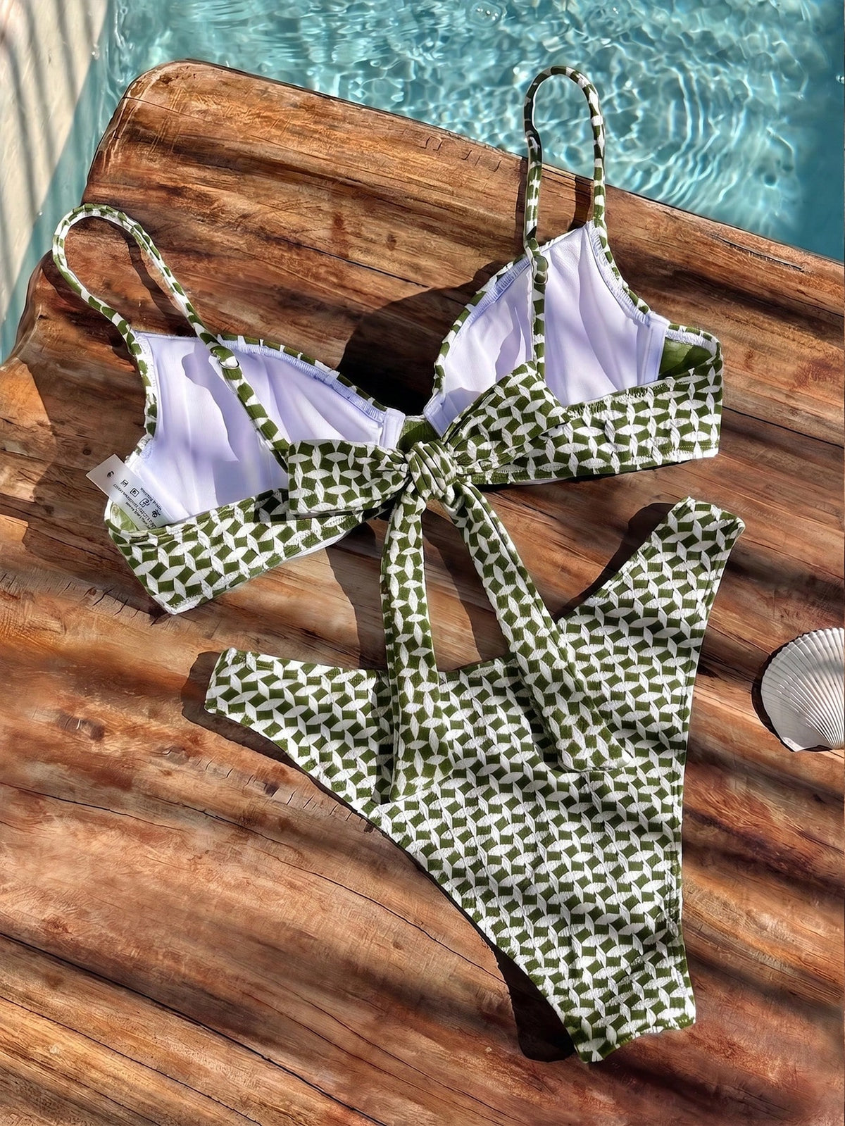 Bikinx Women's Jacquard Textured Fabric Bikini Swimwear, Spaghetti Strap Backless Tie-Up, Suitable For Beach Vacation Summer
