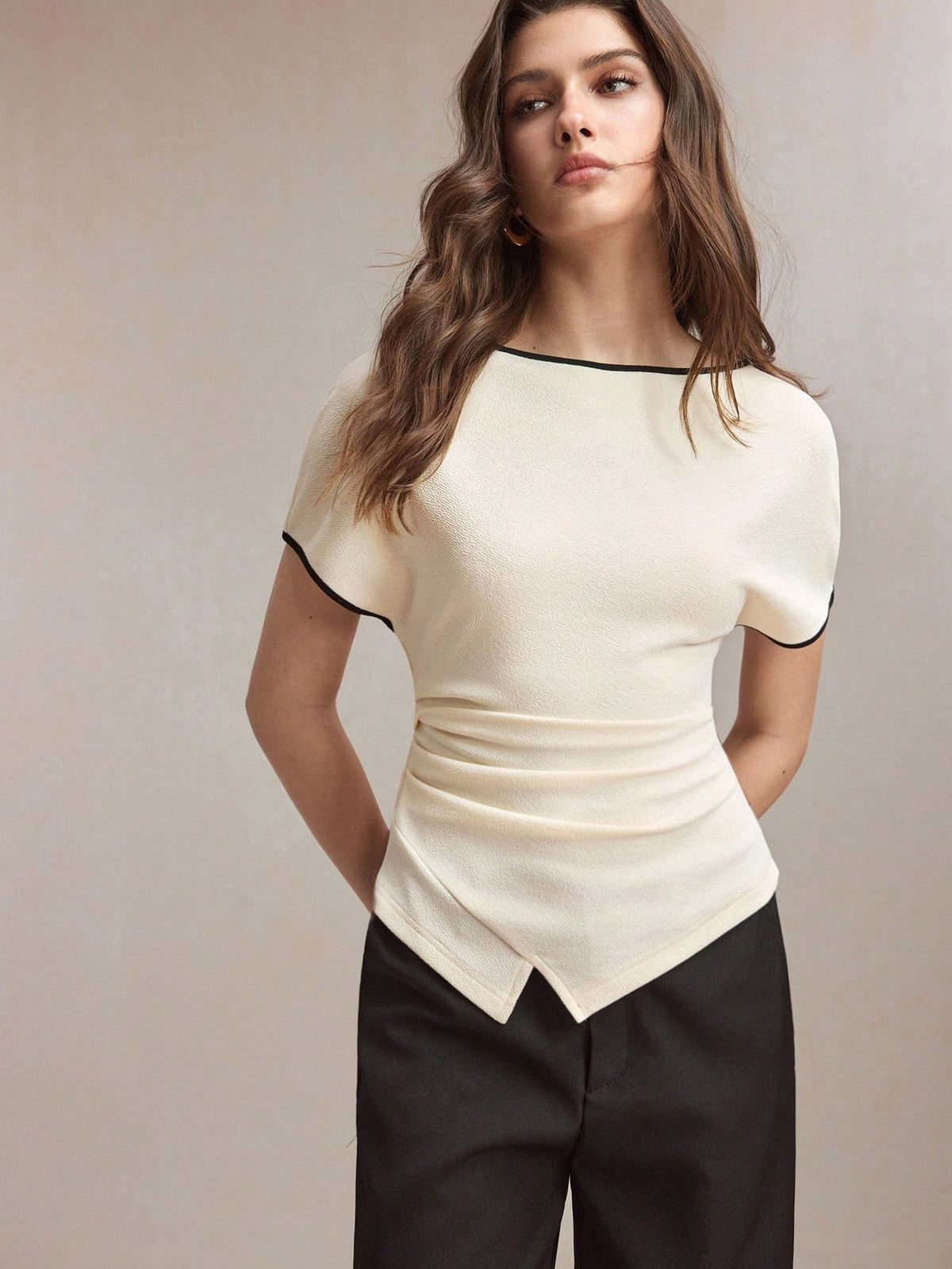 BizChic Apricot Cinched Waist Pullover Top, Business Formal, Vacation Style, Slouchy, Commute, Date, Daily, Vacation, Office, Slimming, Elegant, Sexy, Versatile, Summer, Autumn, Halloween, Back To Sch