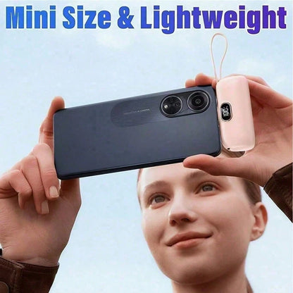 Black 5000mAh Mini Power Bank With Lightning Plug, Built-In USB-C Cable And 22.5W Fast Charging, With Digital Remaining-Power Display, Capsule-Style Case And Attached Lanyard For Portable Use, Compati