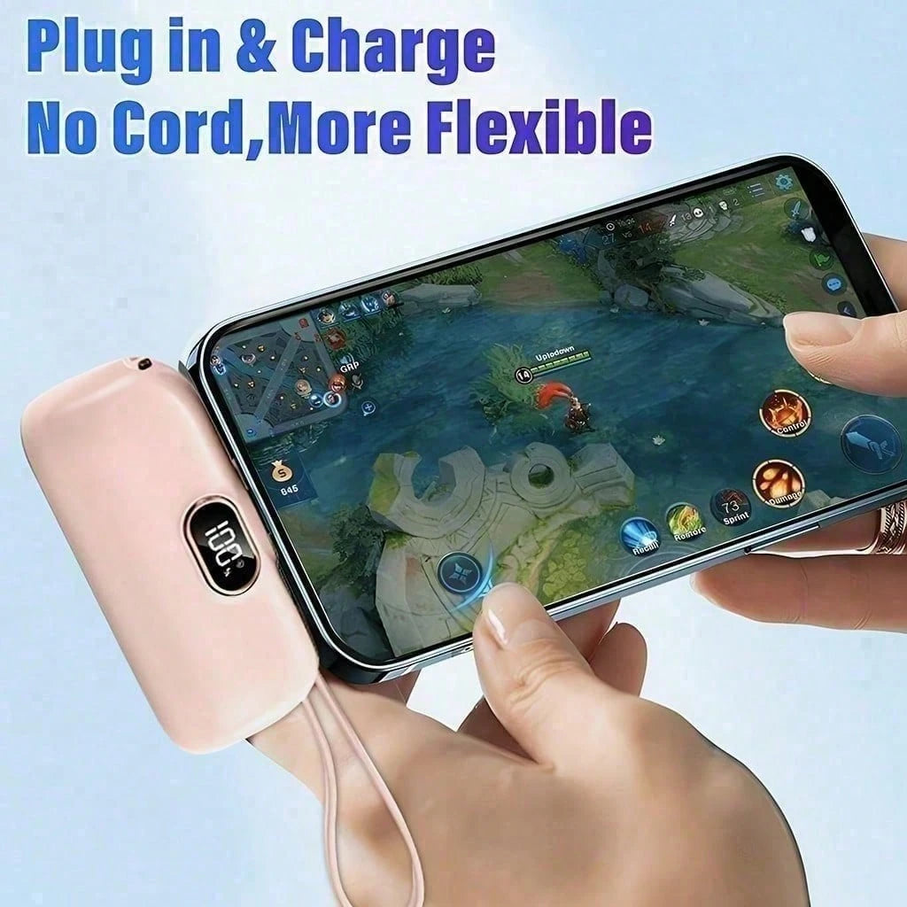 Black 5000mAh Mini Power Bank With Lightning Plug, Built-In USB-C Cable And 22.5W Fast Charging, With Digital Remaining-Power Display, Capsule-Style Case And Attached Lanyard For Portable Use, Compati