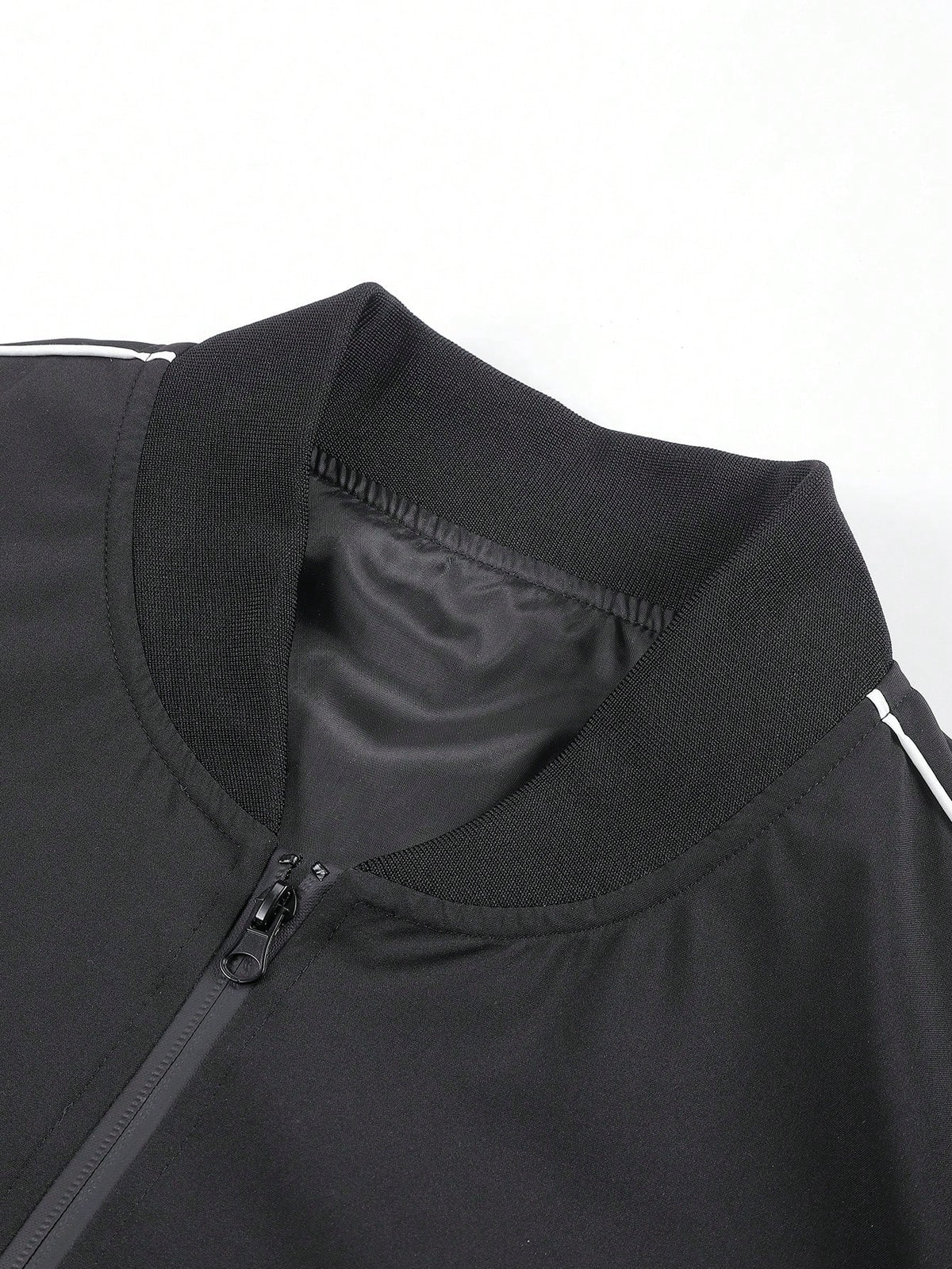 Black Baseball Collar Jacket With White Side Stripes, Men's American Casual Pilot Thin Outerwear, Minimalist Contrast Stitching Baseball Jacket With Zipper Pockets, Commuter Workwear Top